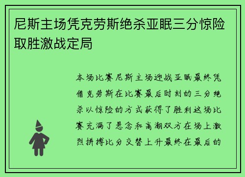 尼斯主场凭克劳斯绝杀亚眠三分惊险取胜激战定局