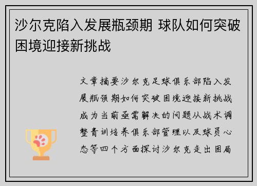 沙尔克陷入发展瓶颈期 球队如何突破困境迎接新挑战