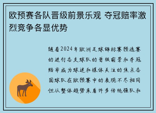欧预赛各队晋级前景乐观 夺冠赔率激烈竞争各显优势